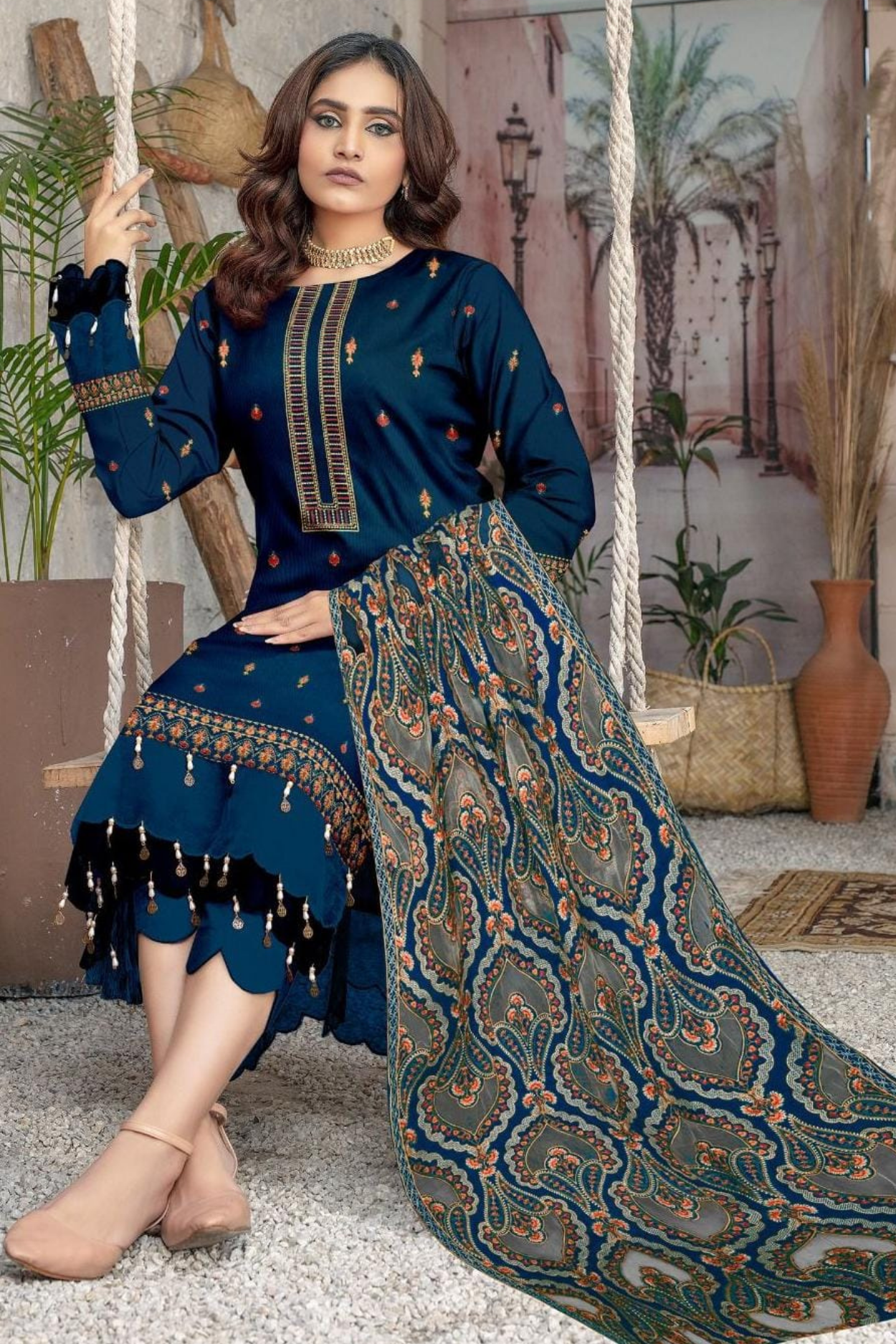 3PC Unstitched Dhanak Embroidered Shirt with Dhanak Aplik Work Shawl Embroidered Dupatta MT-110 A